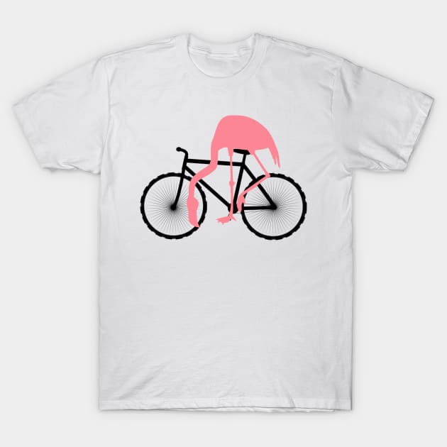 Funny Pink Flamingo Riding Bicycle T-Shirt by TammyWinandArt